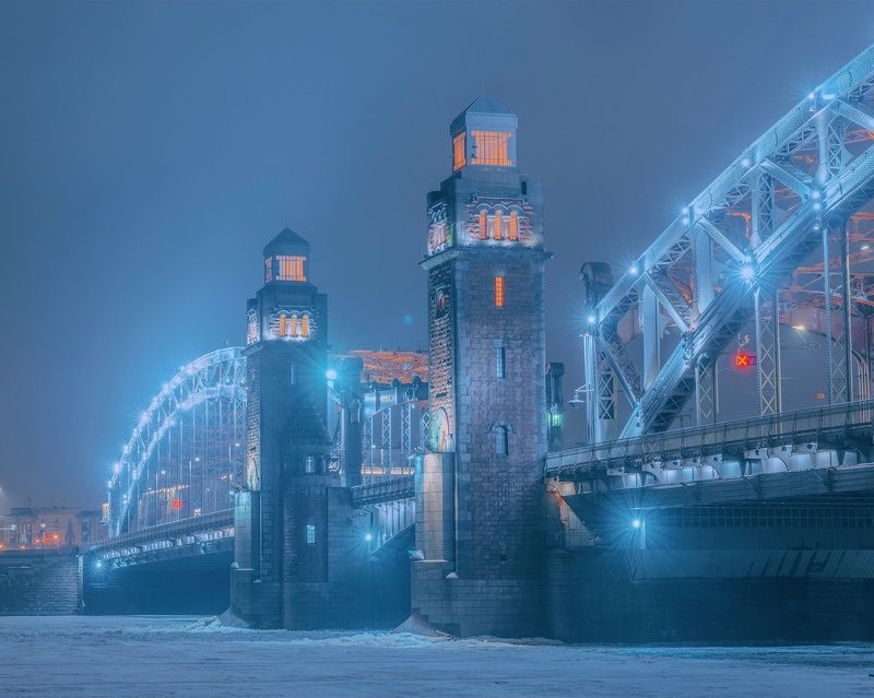 санкт-петербург, ночной город, большеохтинский мост, питер, зимний санкт-петербург Туманы Северной Столицы фото превью