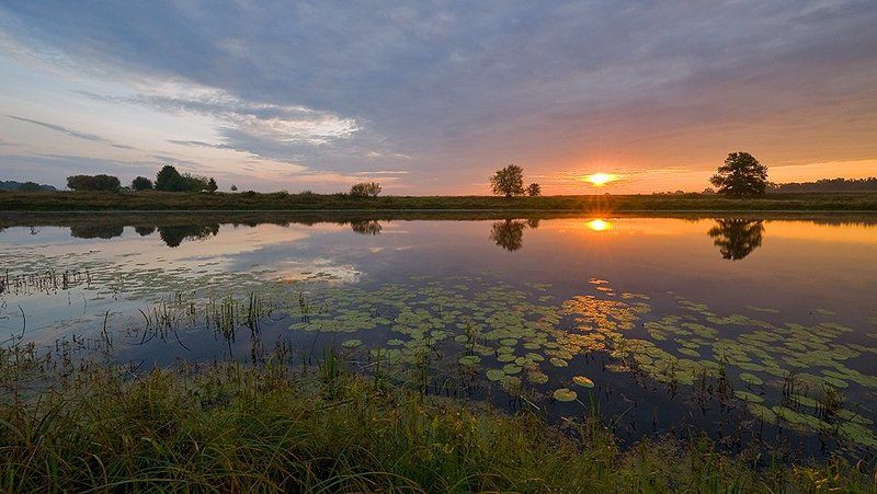 осень, рассвет, озеро, солнце, облака, отражения Серия \