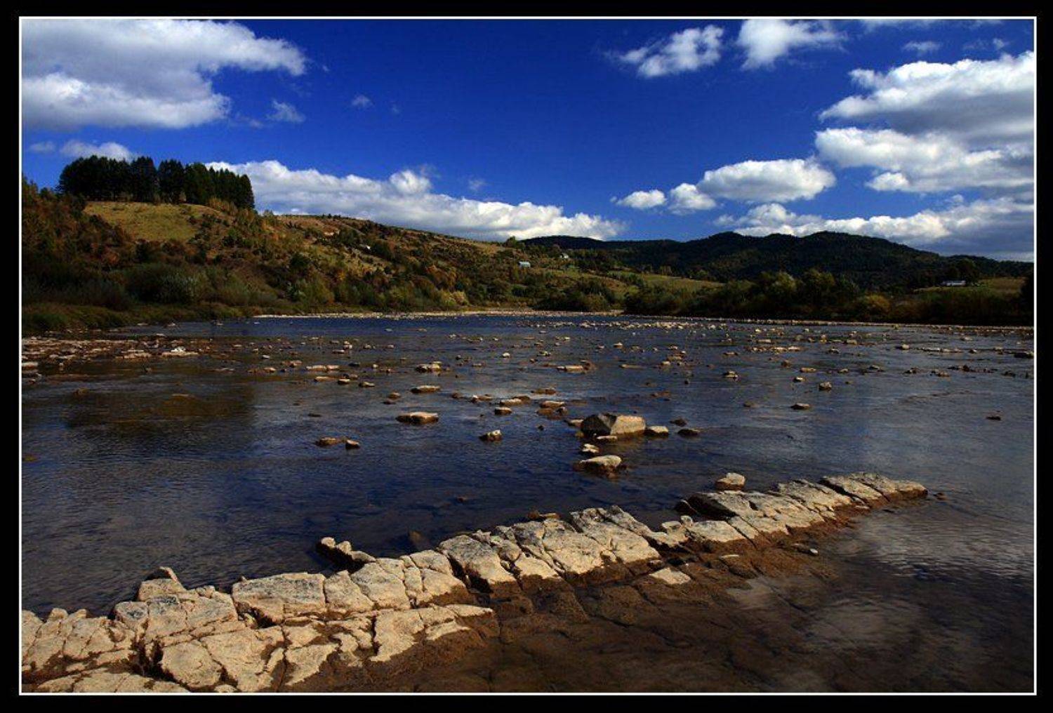 река, лес, камни, облака, Юрий