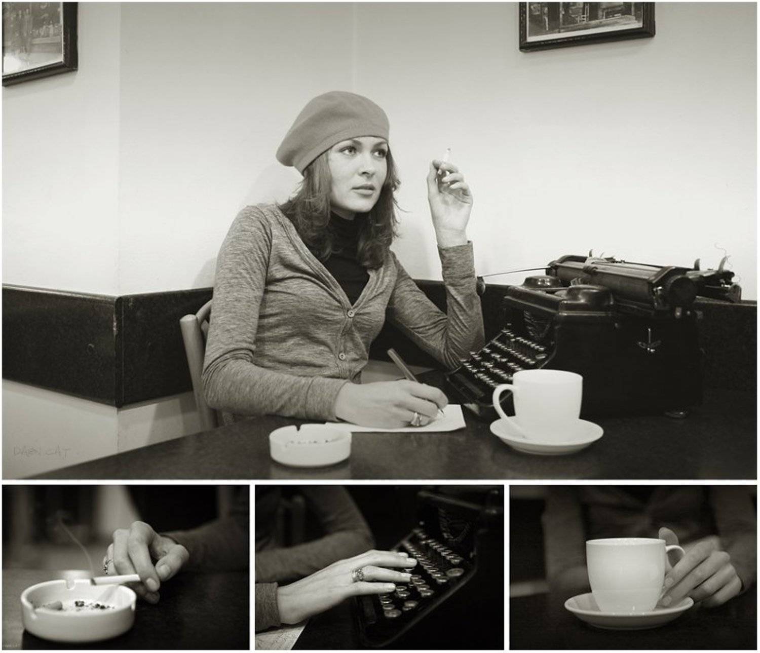 девушка, писательница, ретро, печатная, машинка, кофе, сигарета, французская, парижская, журналистка, Darn Cat