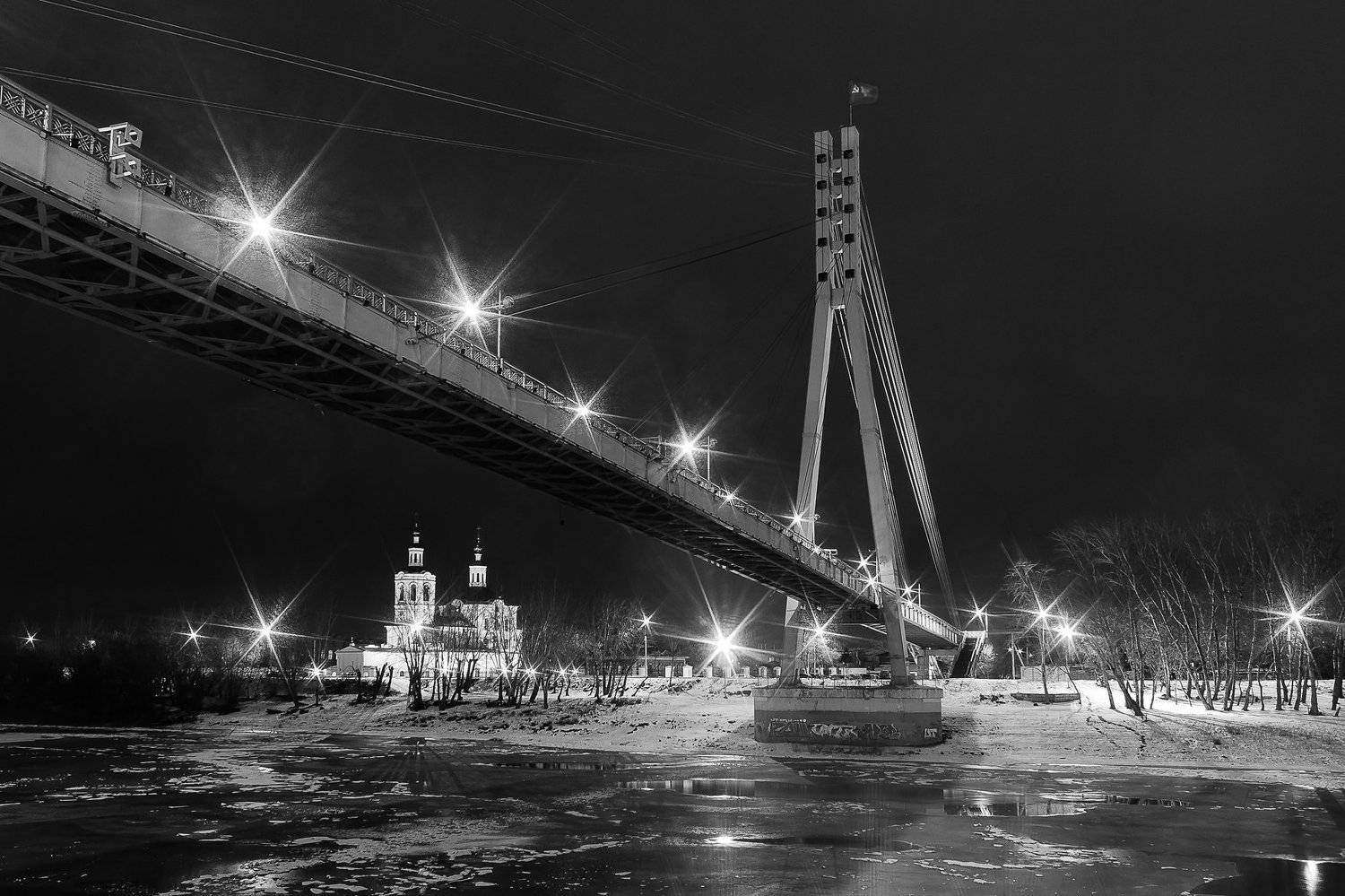 город, мост, ночь, река тура, тюмень, фонари, церковь, Потапов Тёма