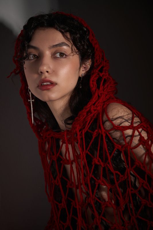 girl, nude, net, portrait, nice, beautiful, model, woman, sword, studio, red, flashlight,  Ann фото превью