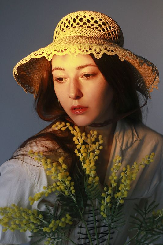 girl, model, mimosa, flowers, spring, fashion, hat, studio, portrait, photography, портрет, фотография, мимоза, весна Marianna фото превью