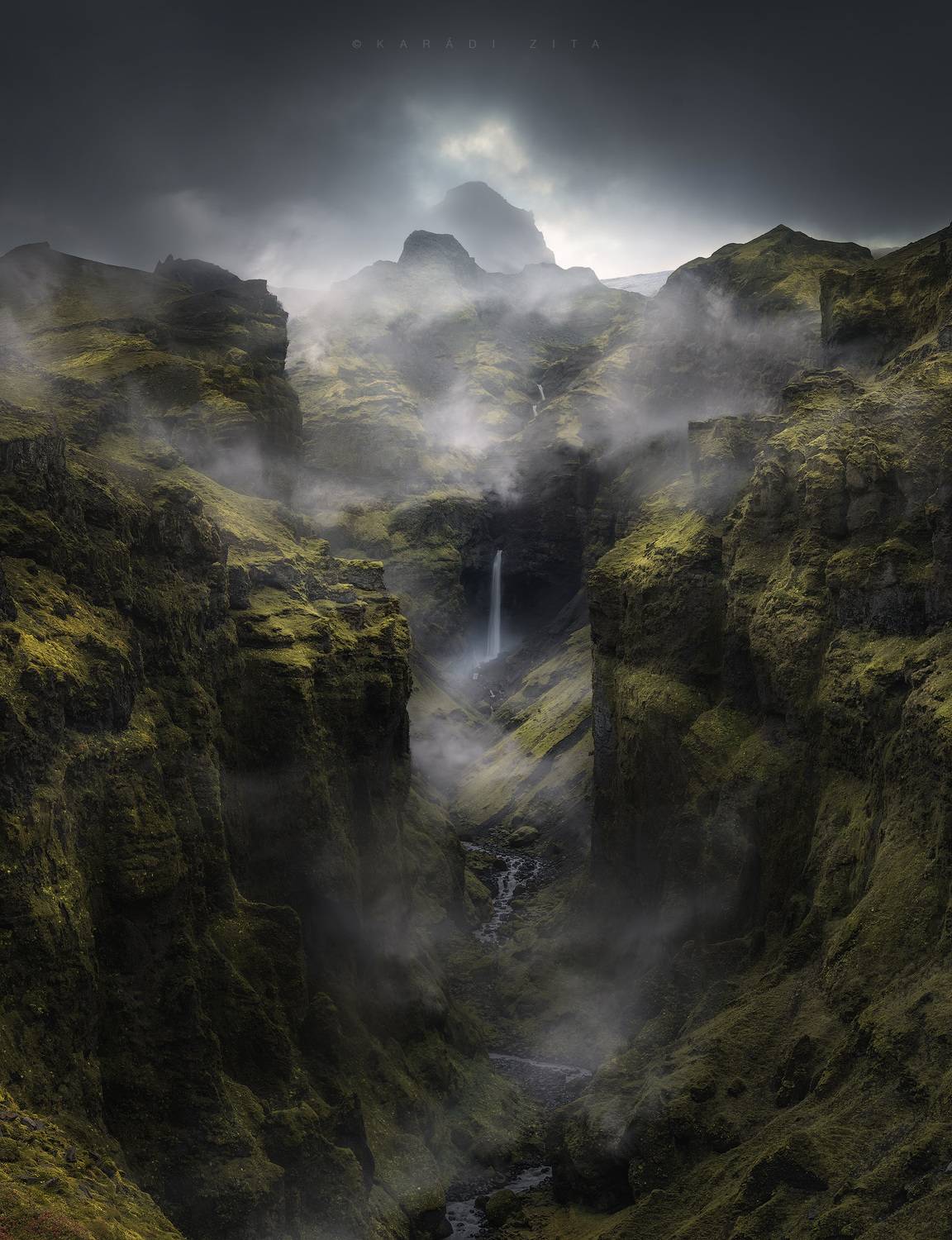 iceland, canyon foggy waterfall landscape, Kar&aacute;di Zita