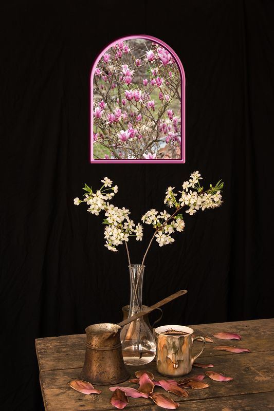 blossom, blossoms, coffee, collage, color, colors, concept, conceptual, digital, digital art, editing, magnolia, nature, photo collage, photography, sour cherry, still life, Afternoon Coffee фото превью