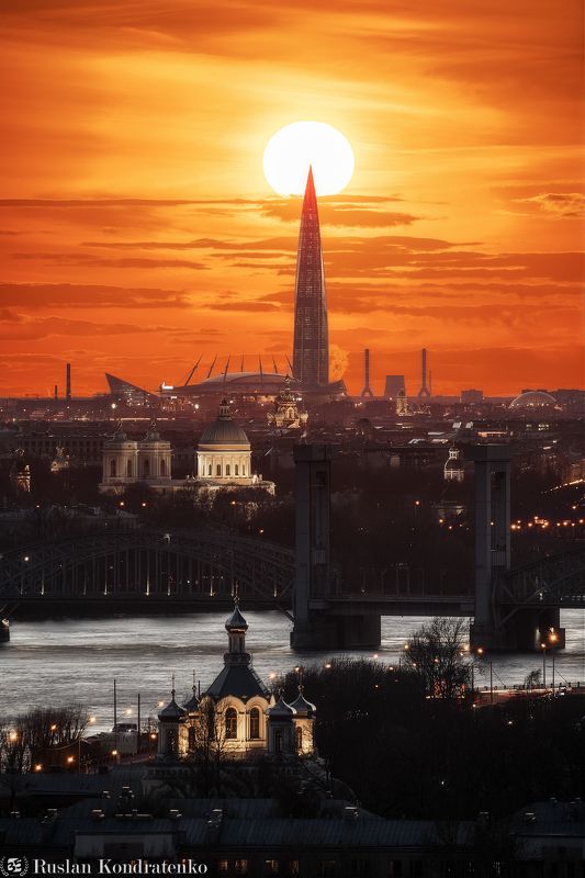 санкт-петербург, закат, лахта-центр, лахта, небоскреб, прострел, зенит арена, газпром арена, александро-невская лавра, композитная фотография, time blending Закат над Санкт-Петербургом фото превью