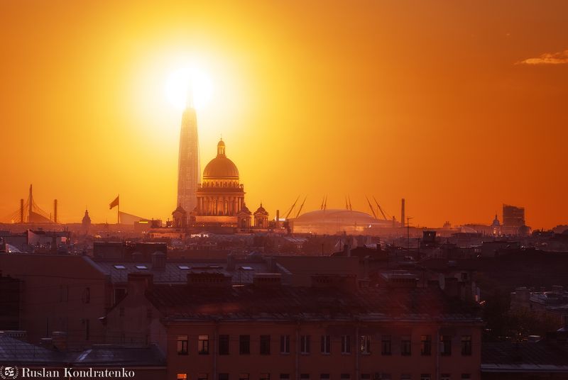 санкт-петербург, закат, исаакиевский собор, лахта-центр, лахта, небоскреб, прострел, зенит арена, газпром арена, композитная фотография, time blending Закат над Санкт-Петербургом фото превью