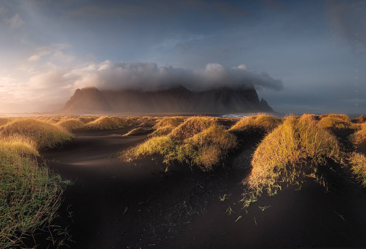 iceland, sunset, landscape, sky, sun, westrahorn, stokksness, lights, dune, mountains, mountain, clouds, hungarianphotographer, Kar&aacute;di Zita