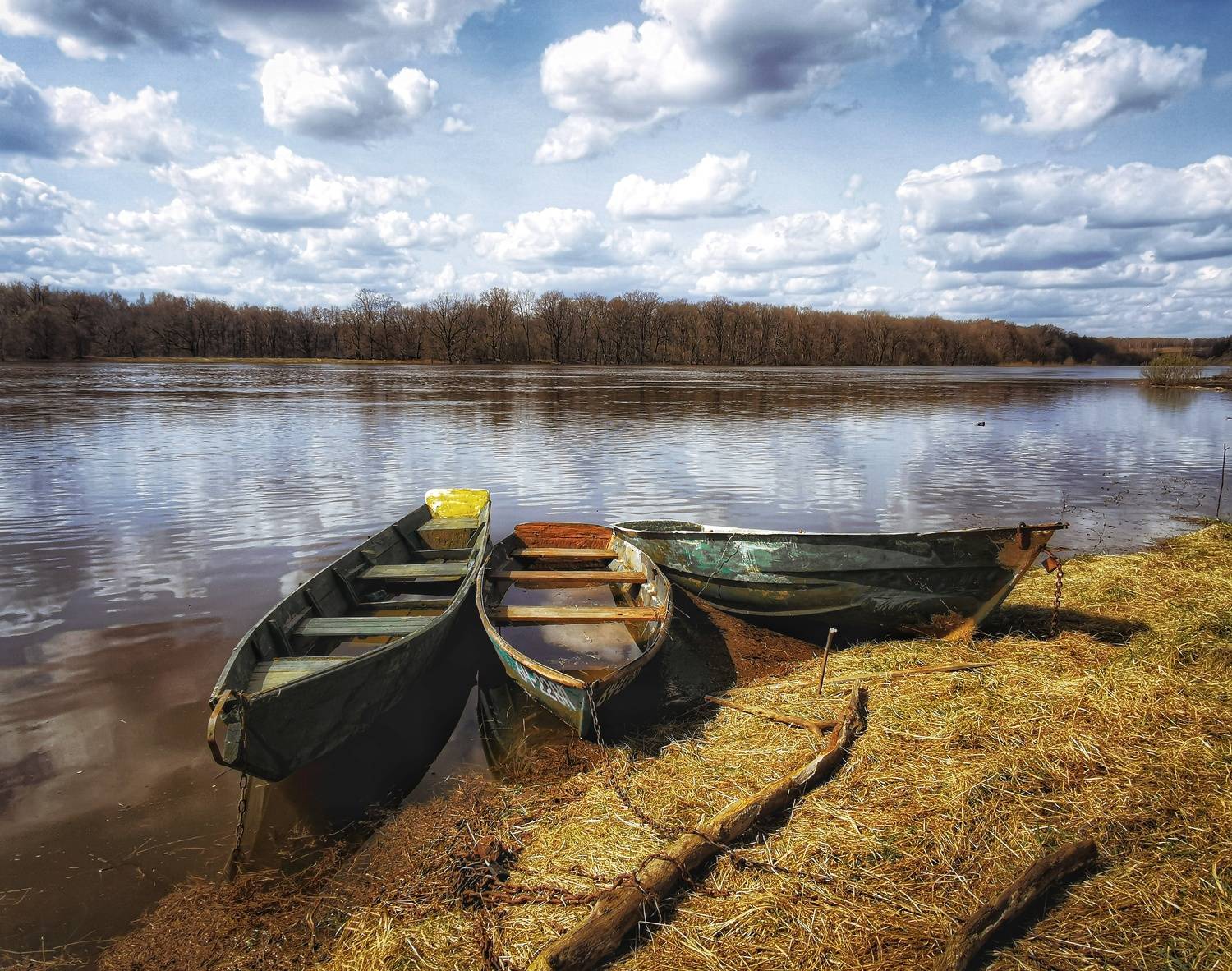 река, разлив, весна, апрель, пейзаж, лодки, природа, берег, Хомастя Настя