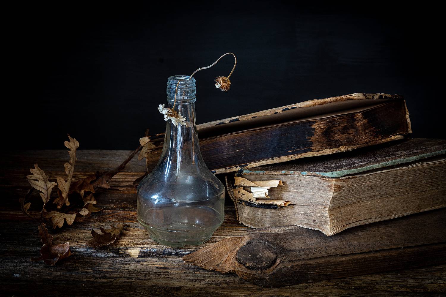 старые книги, бутылка, сухие цветы, ветка дуба, Баг Алексей