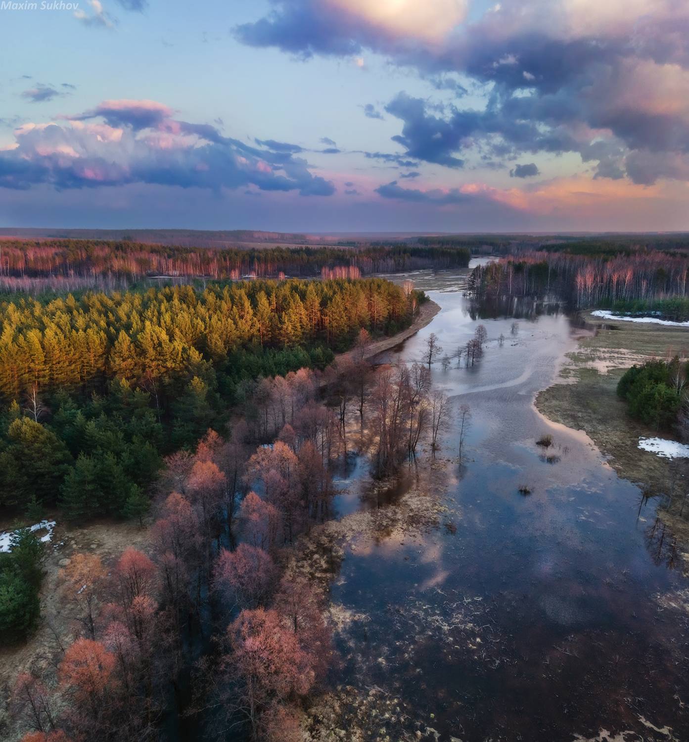разлив, половодье, весна, сосны, закат, вечер, апрель, Максим Сухов