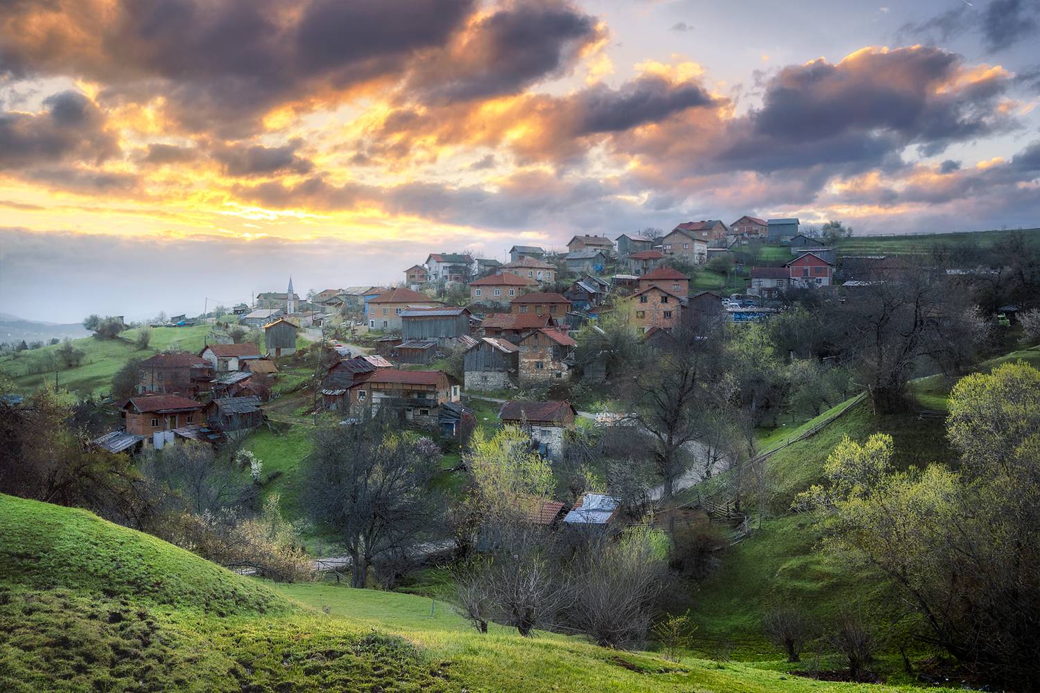 landscape nature scenery oldhouses village sunrise morning colors mountain rodopi bulgaria, Александър Александров