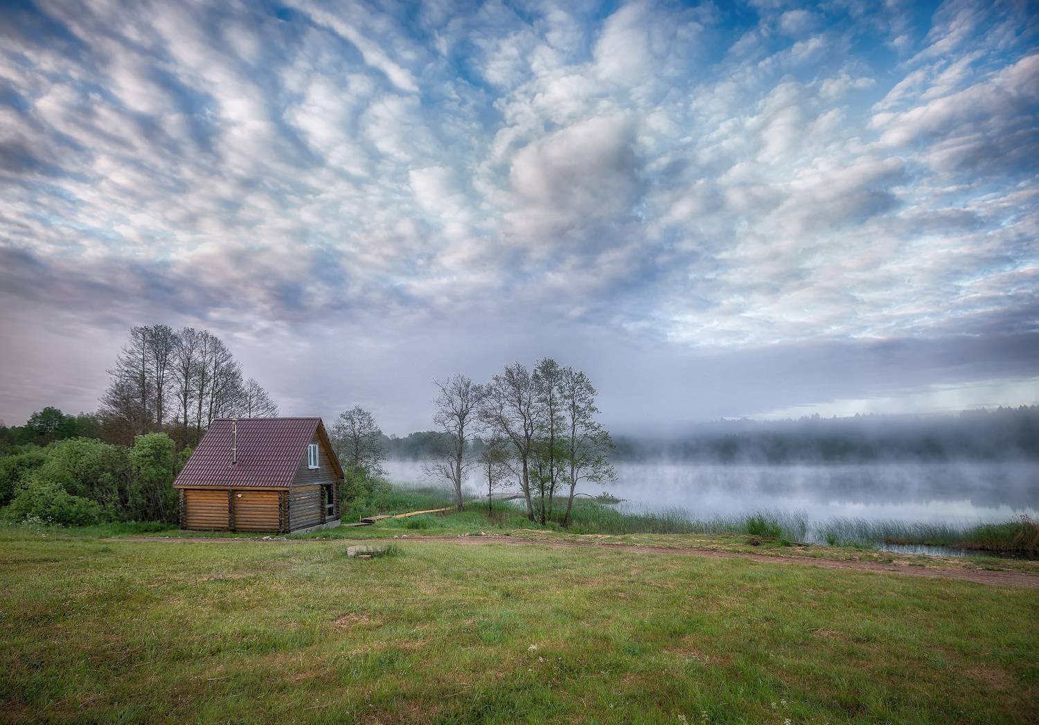 утро, озеро, туман, домик, банька, рассвет, Сергей Аникин