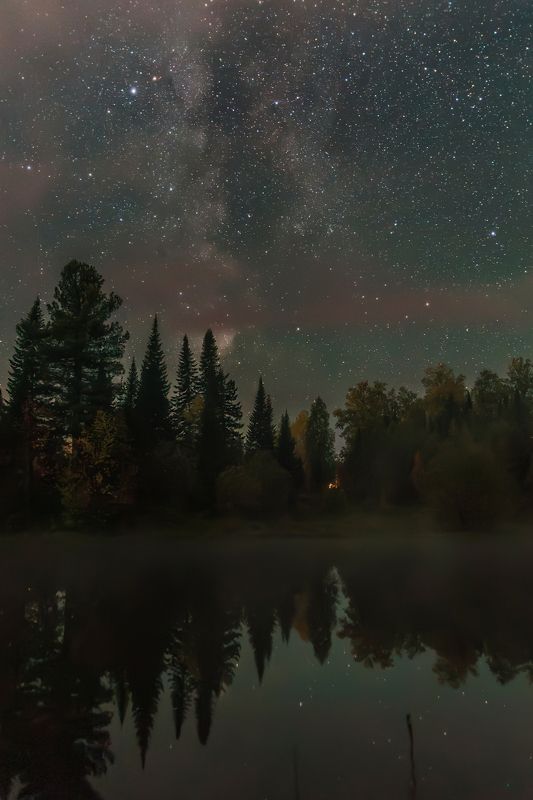астрофото, астрофотография, ночь, астрономия, астропейзаж, сибирь, тайга, озеро, night, siberia, taiga, astrophotography, lake, pond, milky way Туманная ночь в тайге фото превью