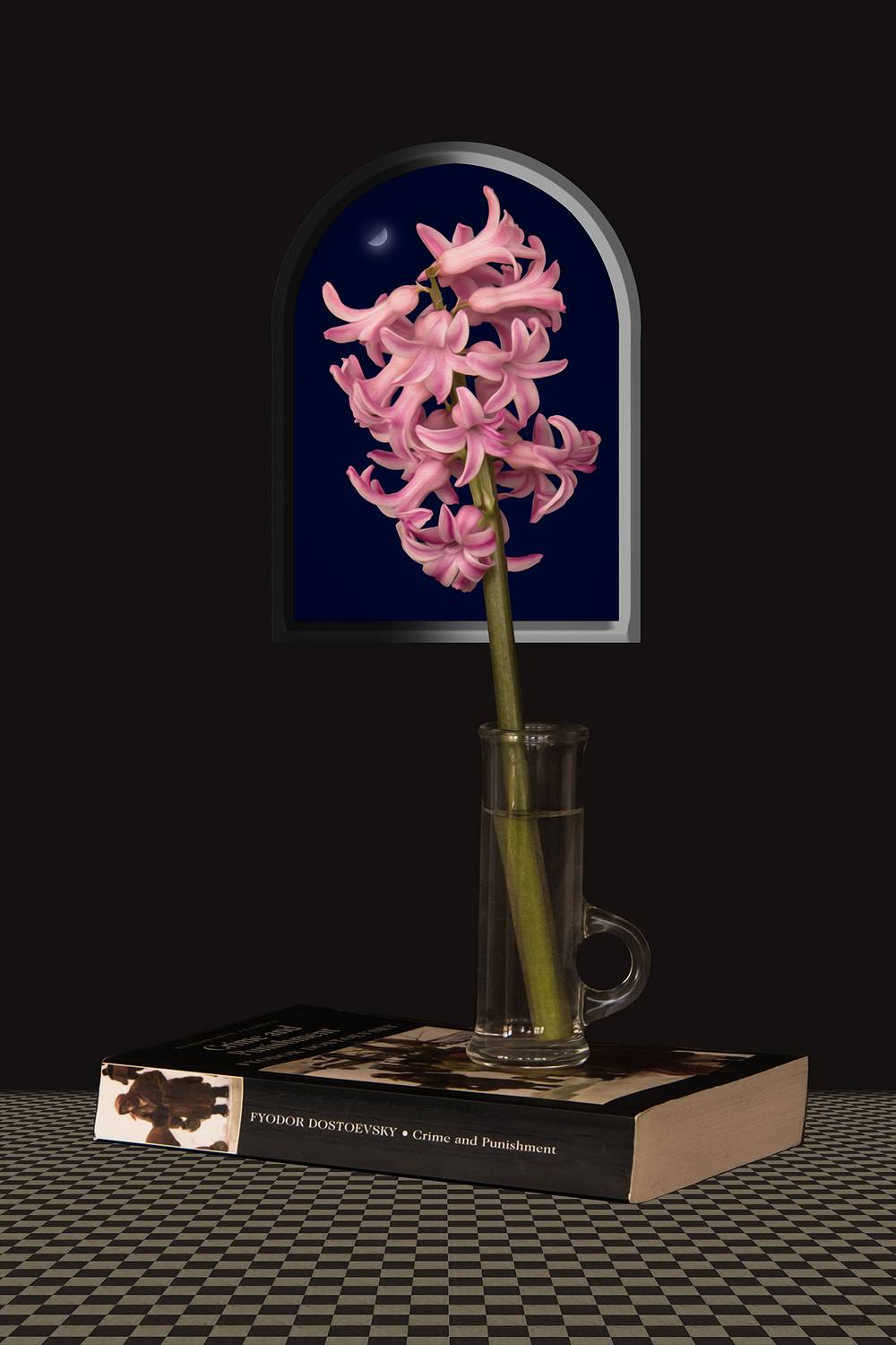 black, blue, book, collage, color, colors, concept, conceptual, digital, digital art, hyacinth, moon, photo collage, photography, pink, still life, surreal, surrealism,, Dr Didi Baev