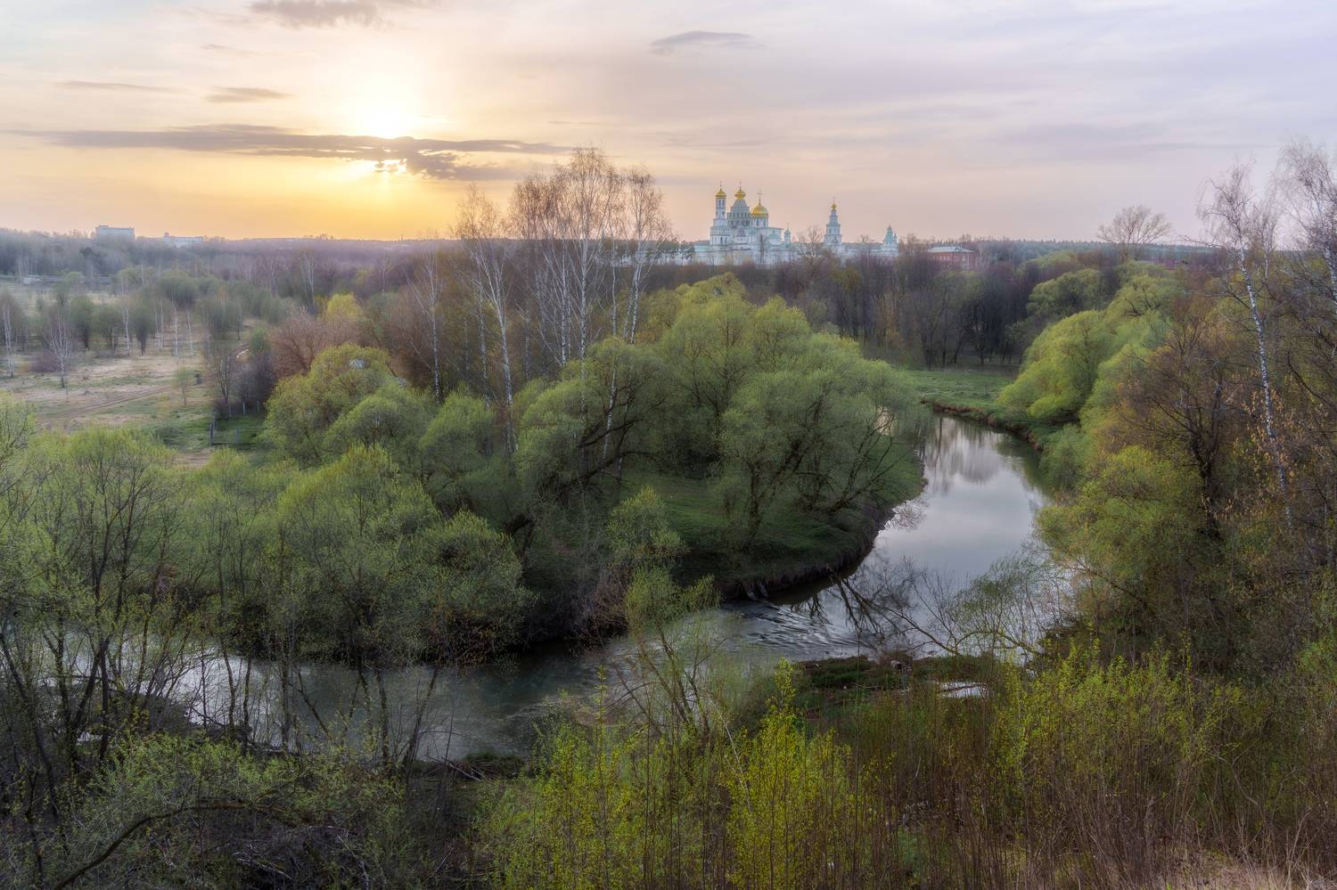 весна, истра, закат, река, монастырь, Добродий Михаил