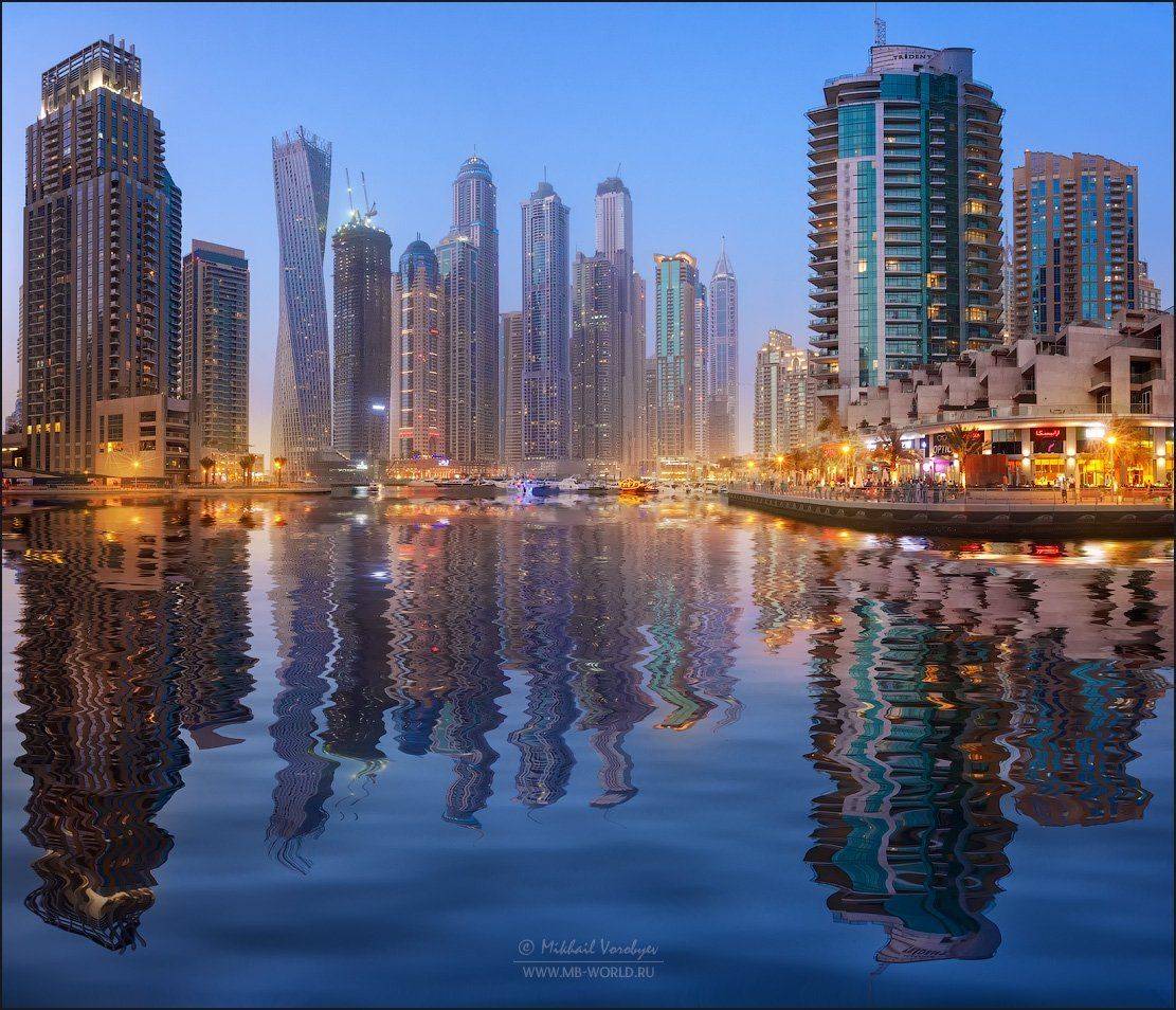 Дубай, Эмираты, город, отражение, небоскребы, закат, Михаил Воробььев