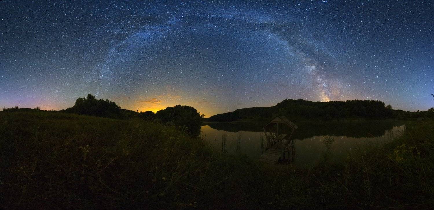 ночь, звезды, Млечный путь, небо, отражение, беседка, пруд, озеро, Валентин Гайдай