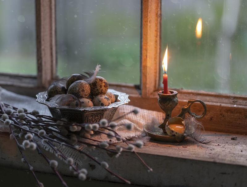 натюрморт, верба. яйца, свеча Вербное... фото превью