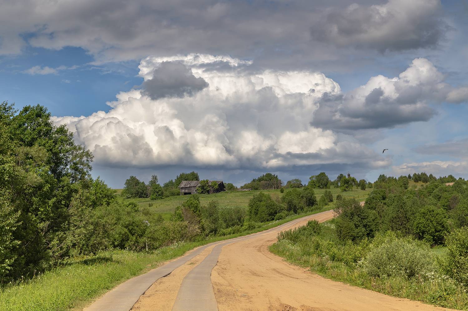 дорога, облако, деревня, дом, небо, кустарник, колея., Анкудинов Леонид
