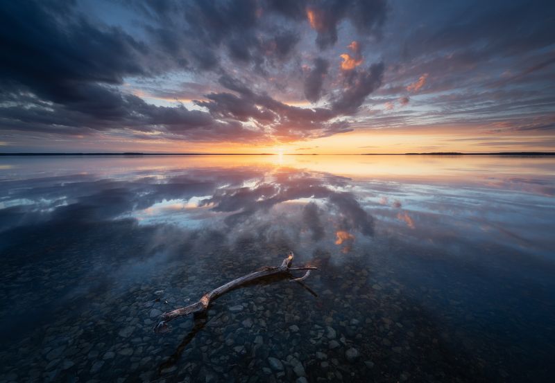 пейзаж, солнце, закат, небо, красота, вода, отражение, дубна На закате фото превью