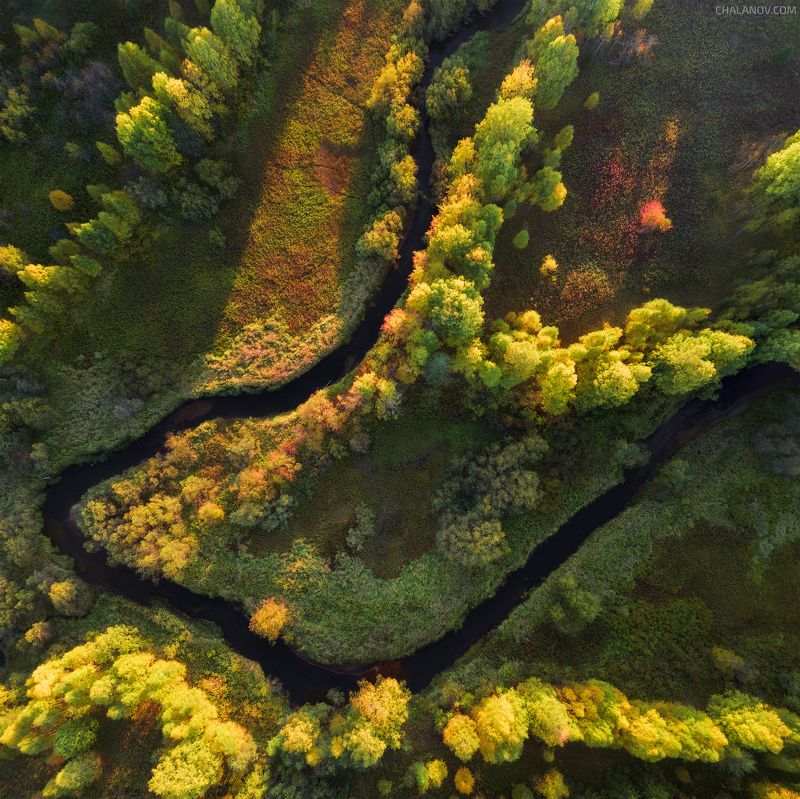 пейзаж, закат, осень, река, озеро, лес, север, коми, дрон, аэросъёмка Северная речка Ырым ю фото превью