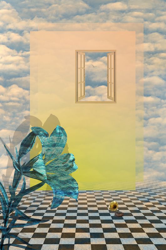 blue, cloud, clouds, collage, color, colors, concept, conceptual, digital, digital art, editing, flower, gramophone, photo collage, photography, sky, surreal, surrealism, window, Future Dream Opening Scene фото превью