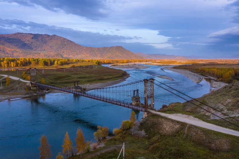 алтай, осень, горы, мост, река, altay, autumn, mountains, bridge, river  фото превью