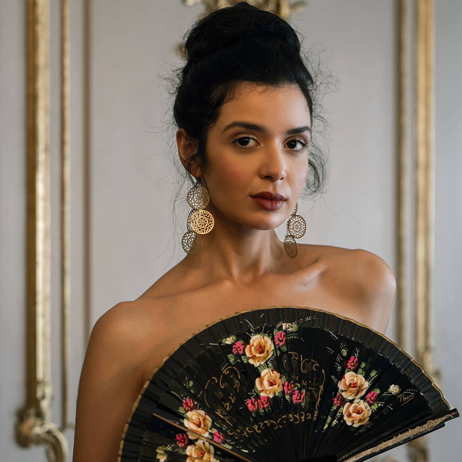 attractive, beautiful woman, beauty, close-up, earrings, elegance, eyes, female, femininity, front view, hair, headshot, human face, individuality, indoors, lifestyles, lips, looking at camera, one person, painted fan, portrait, sensuality, woman, Alex Tsarfin