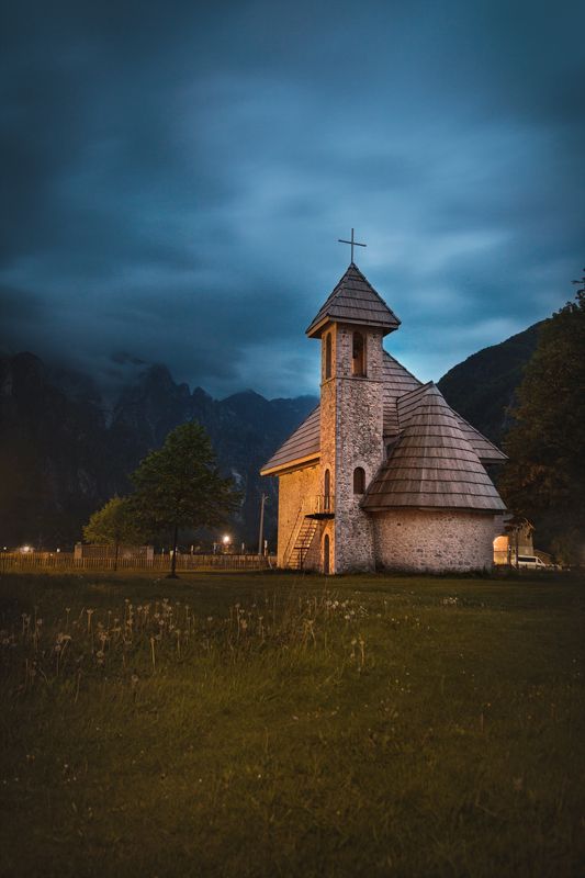church, orthodox, Albania, Theth, Albanian Alps, travel, night, Europe, traditional Kisha e Thetit - The Church or Theth, Albania фото превью