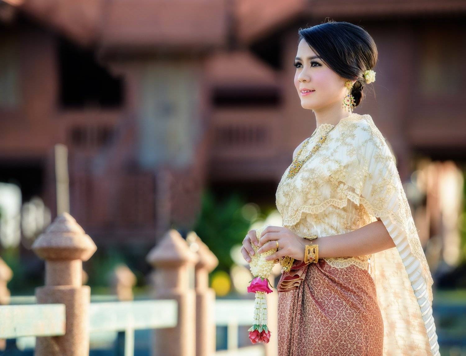 thai; woman; thailand; girl; outdoor; greeting; charming; attractive; ornament; cloth; jewelry; flower; tender; silk; culture; enchantress; buddhist; folk; dance; female; fashion; polite; fabric; portrait; elegant; outfit; nice; tradition; colorful; forma, Sasin Tipchai