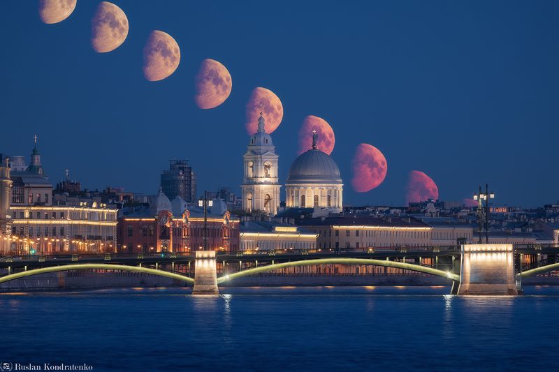 санкт-петербург, луна, церковь святой екатерины, нева, секвенция, секвенция с луной Секвенция Захода Луны за Церковью Святой Екатерины фото превью