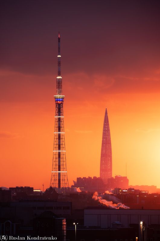 санкт-петербург, закат, лахта-центр, лахта, небоскреб, прострел, телевышка, телебашня, композитная фотография, time blending Телебашня и Лахта-Центр фото превью