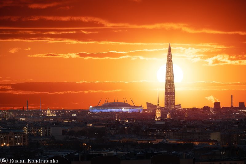 санкт-петербург, закат, лахта-центр, лахта, небоскреб, прострел, газпром-арена, петропавловский собор, петропавловская крепость, композитная фотография, time blending Панорама Петербурга фото превью