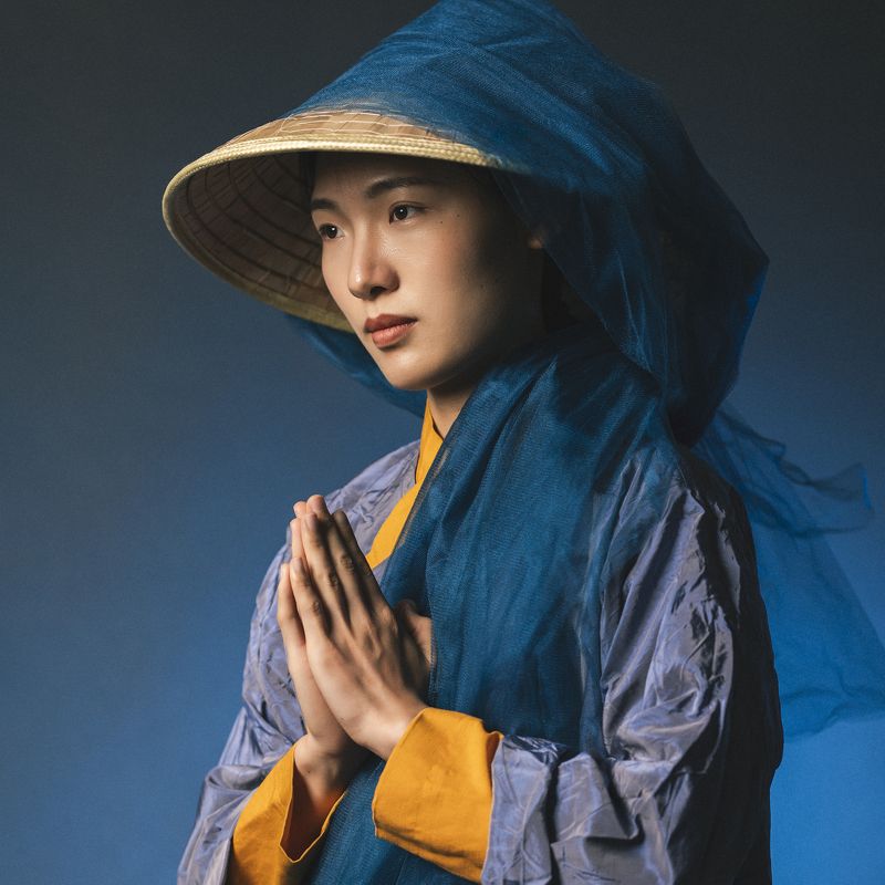 back view, beauty, chinese girl, dreaminess, elegance, fashion, femininity, hat, human face, individuality, indoors, lifestyles, looking, one person, portrait, pose, prayer, shadow, side view, standing, studio shot, traditional clothing, young woman Prayer Gesture фото превью