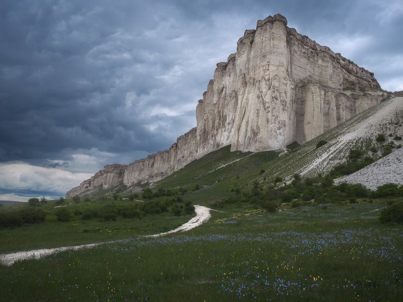 крым, пасмурно, облачность, гора, поле, цветы, flowers, rock, mountain, cloudy Белая скала фото превью