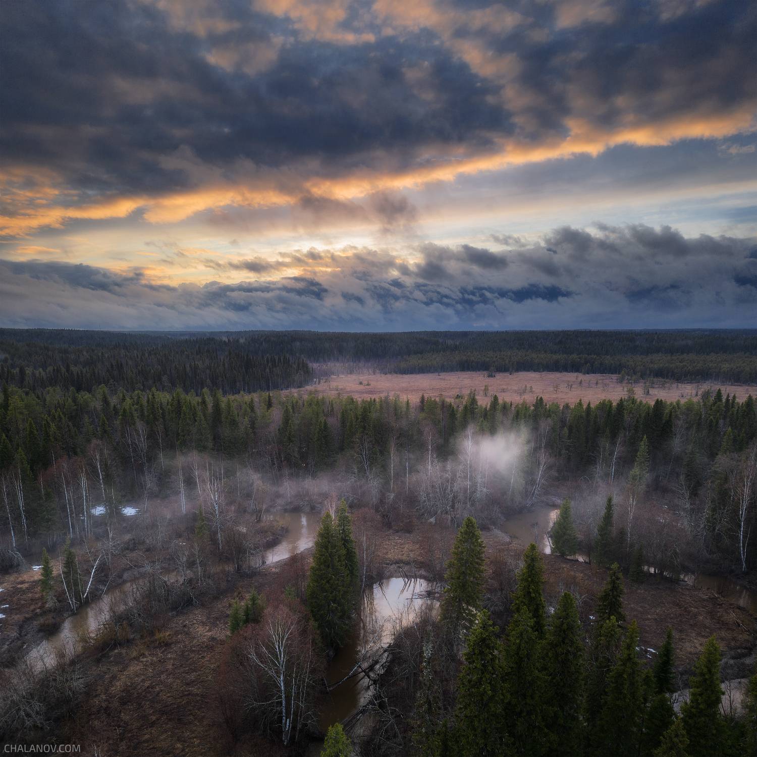 пейзаж, закат, весна, река, туман, лес, север, коми, дрон, аэросъёмка, Иван Чаланов