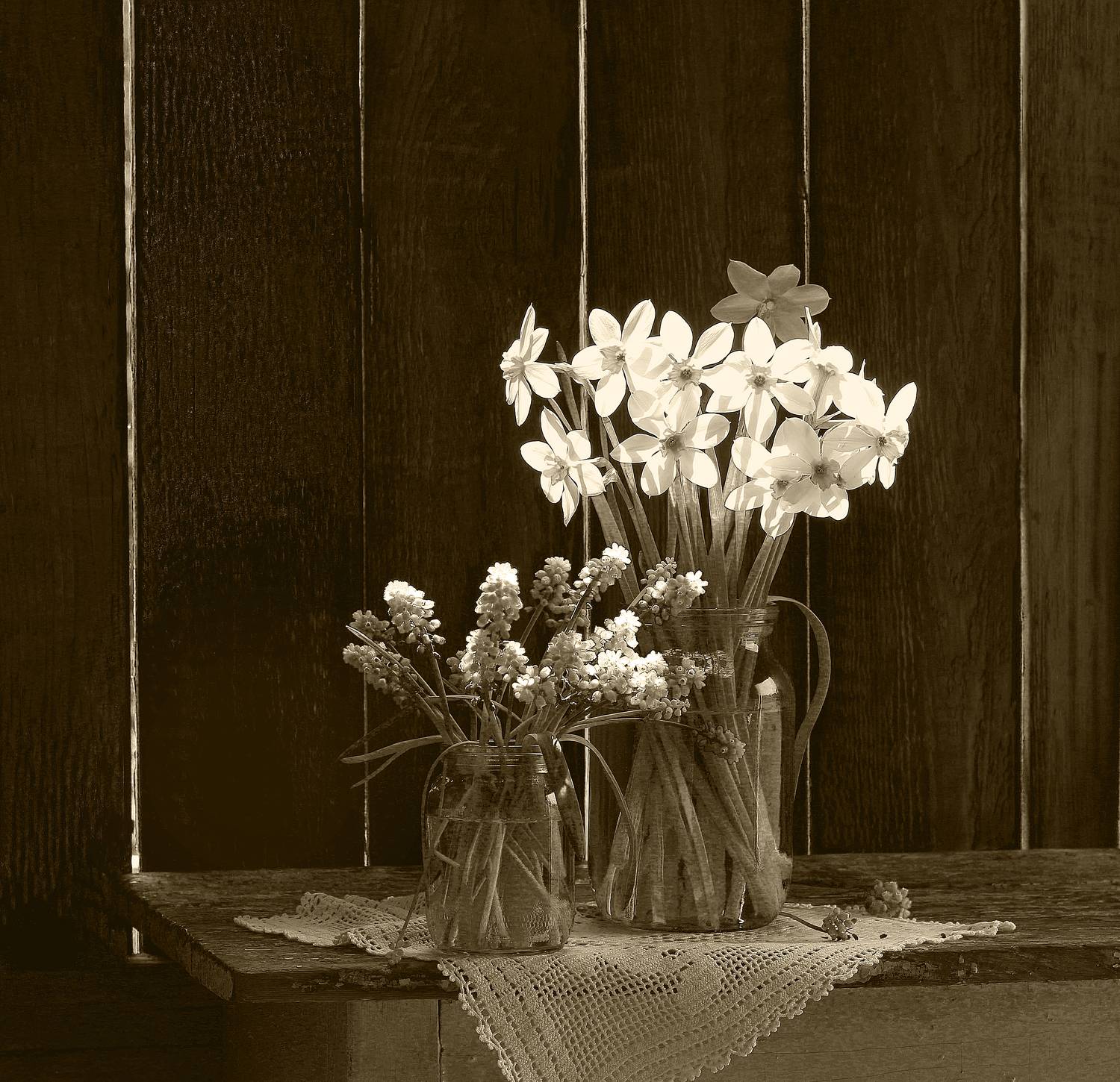 натюрморт, фотонатюрморт, still life, stillifefoto, фотохудожник, весна, цветы, нарциссы, мускарики, художественное фото, наталья казанцева, букет, цветочный натюрморт, монохром, Наталья Казанцева