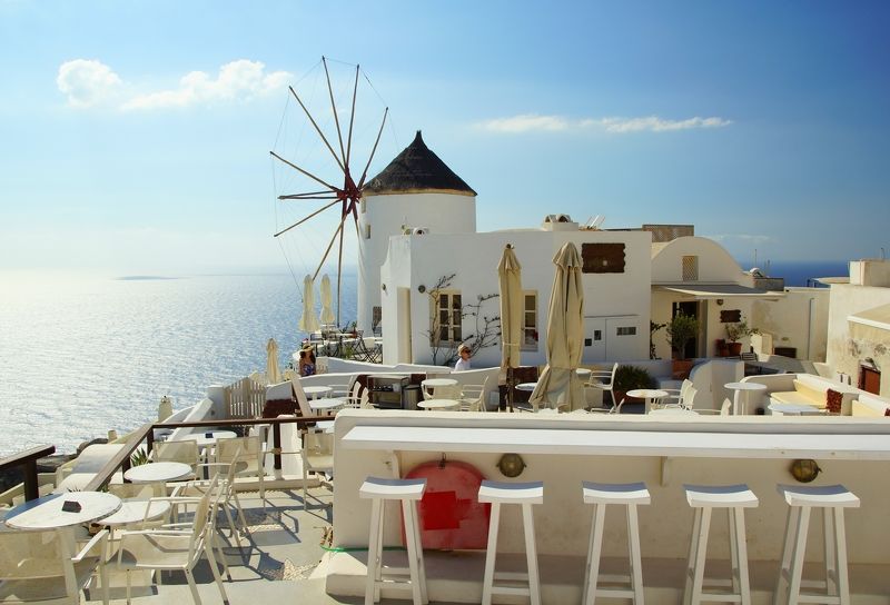 morning, city, mill, island, sea, sky, horizon, light, white White mill фото превью