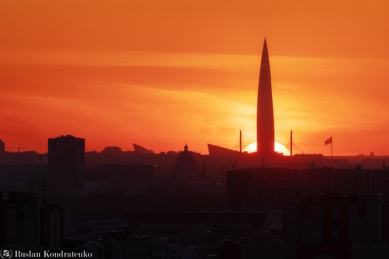 санкт-петербург, закат, лахта-центр, лахта, небоскреб, прострел, зенит арена, вантовый мост, зсд, троицкий собор Закат над Санкт-Петербургом фото превью
