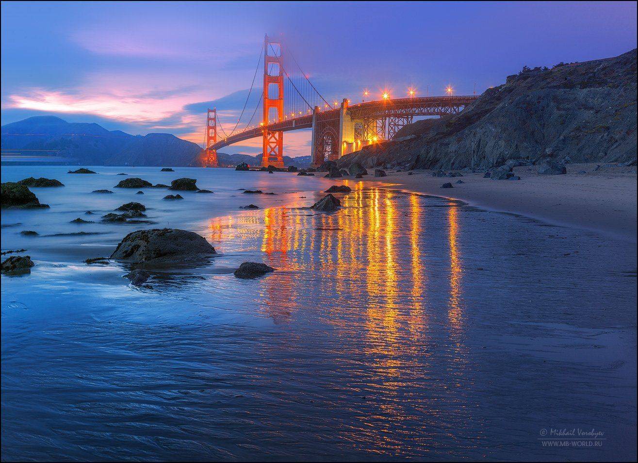 США, Сан-Франциско, Калифорния, мост, закат, отражения, город, Золотые ворота, Golden gate, , Михаил Воробььев