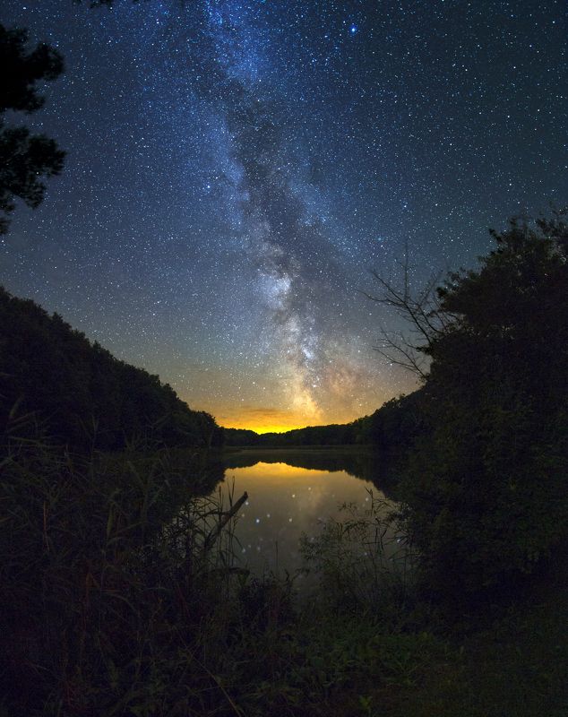 Ночь, небо, Млечный путь, звезды, отражение, озеро, берег Отражение фото превью