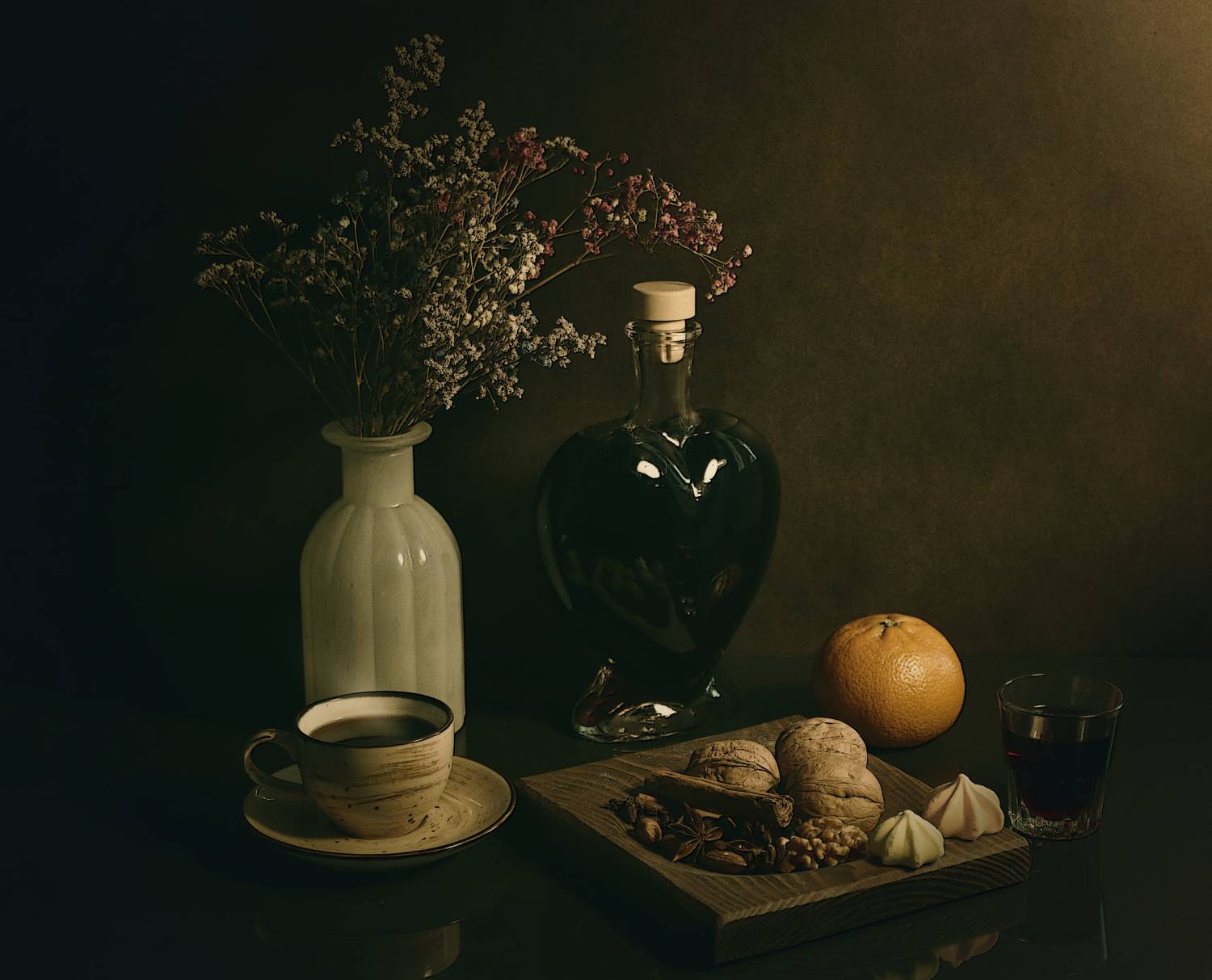 корица, натюрморт,  настойка, кофе, орехи, мандарин, Стасов Виталий