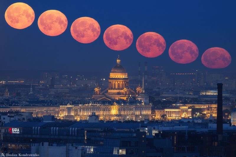 санкт-петербург, луна, полнолуние, восход луны, прострел, исаакиевский собор, исаакиевский, церковь, екатерининская церковь, мост бетанкура, секвенция Секвенция захода Луны над Исаакиевским собором фото превью