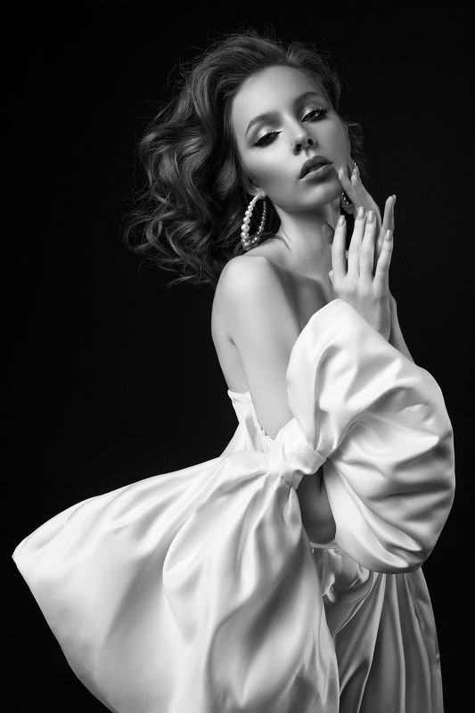 девушка, женский портрет, портрет, чб, монохром, невеста, нежность, красота, белое платье Анжела фото превью