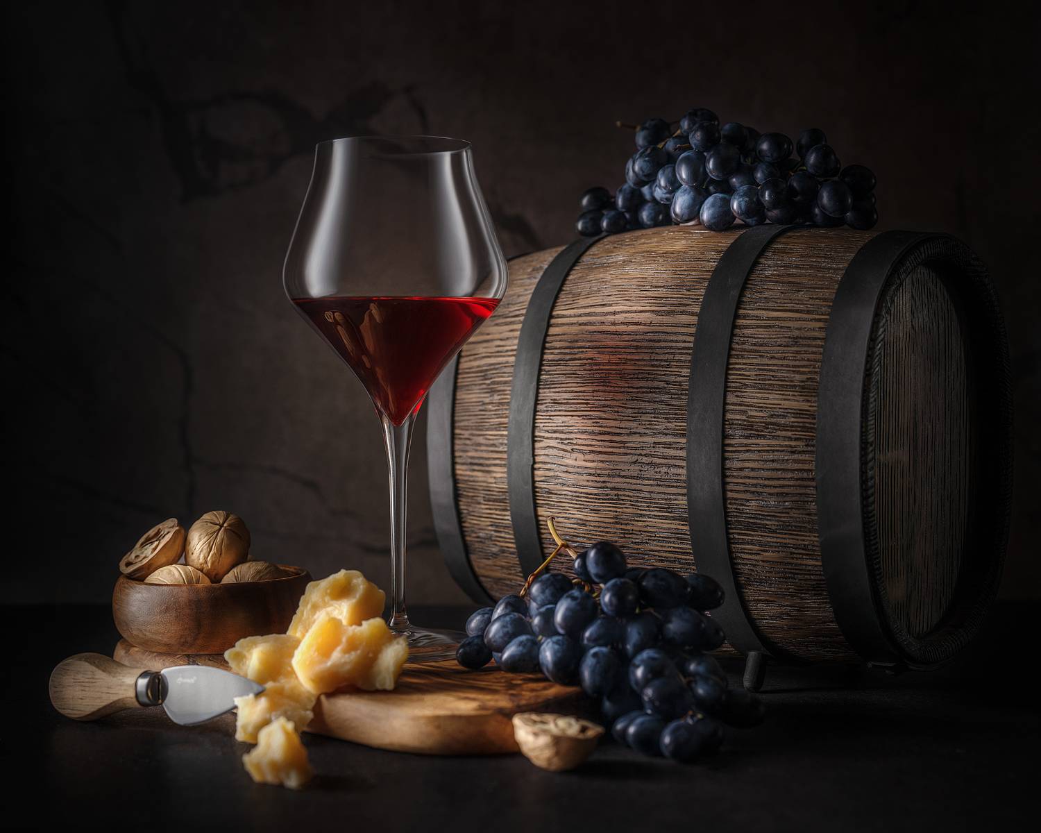 вино, бокал, виноград, сыр, бочка, натюрморт, орехи, Ольга Яр