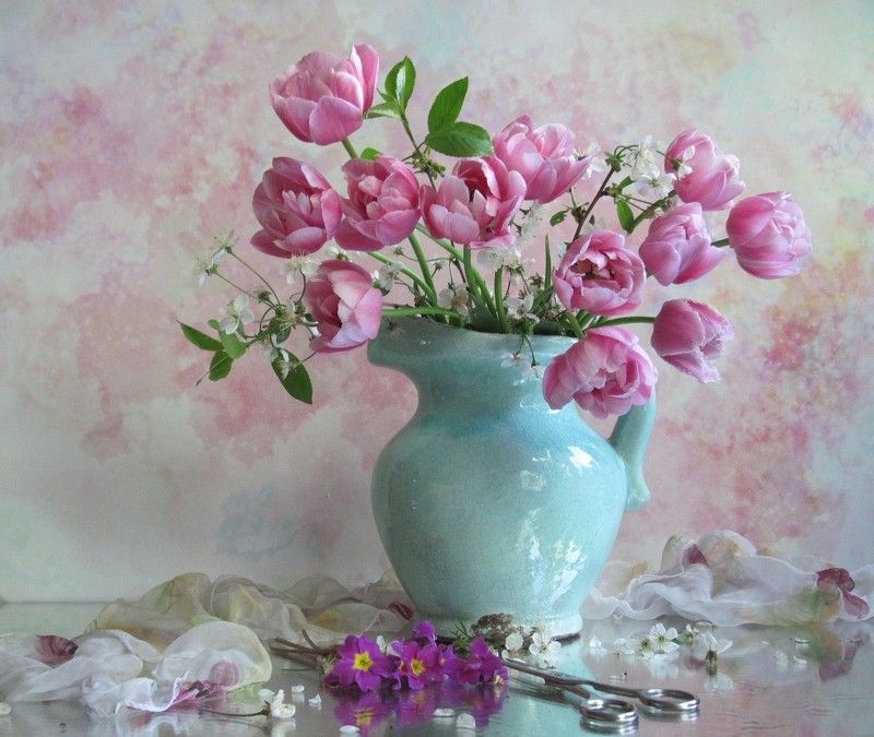 тюльпаны, розовый цвет, кувшин, керамика Махрушки фото превью