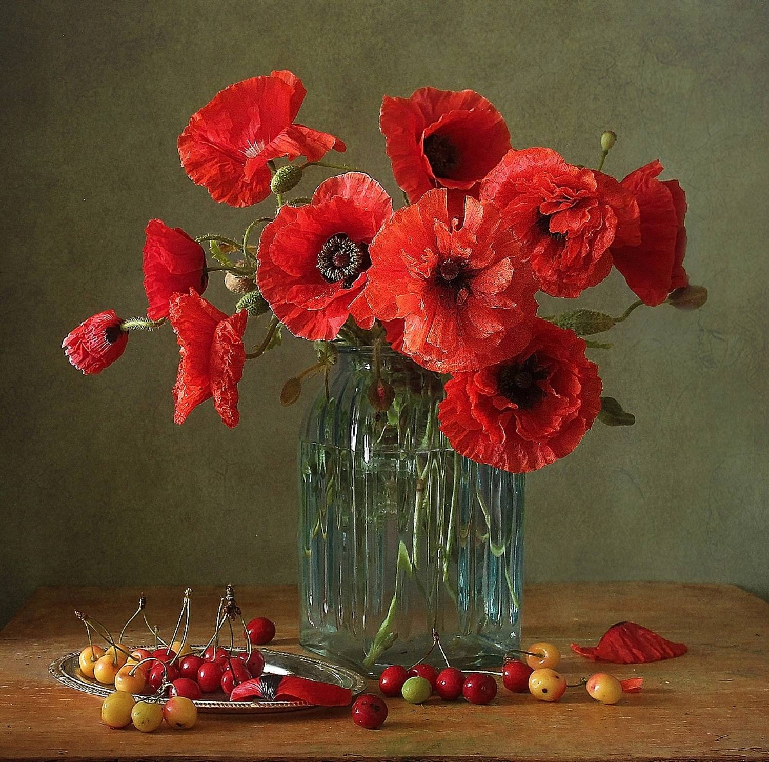 натюрморт, цветы, полевые цветы, лето, марина филатова, маки, черешня, Марина Филатова