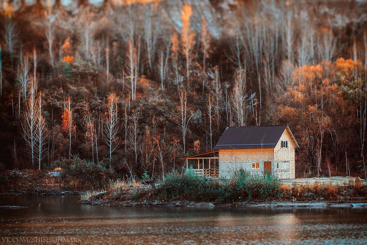 природа, пейзаж, красота, озеро, дом, деревья, лес, осень, Марк Шишкин