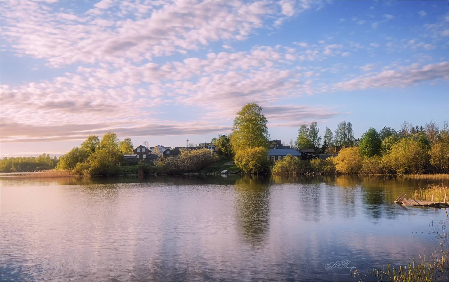 озеро, домики, облака, Вера Петри